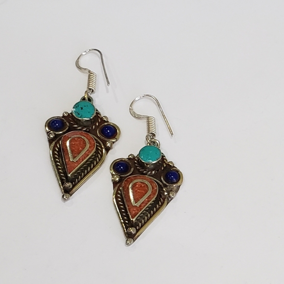 Tibetan Turquoise Lapis Lazuli Gem 925 Drop Earrings - Picture 3 of 12